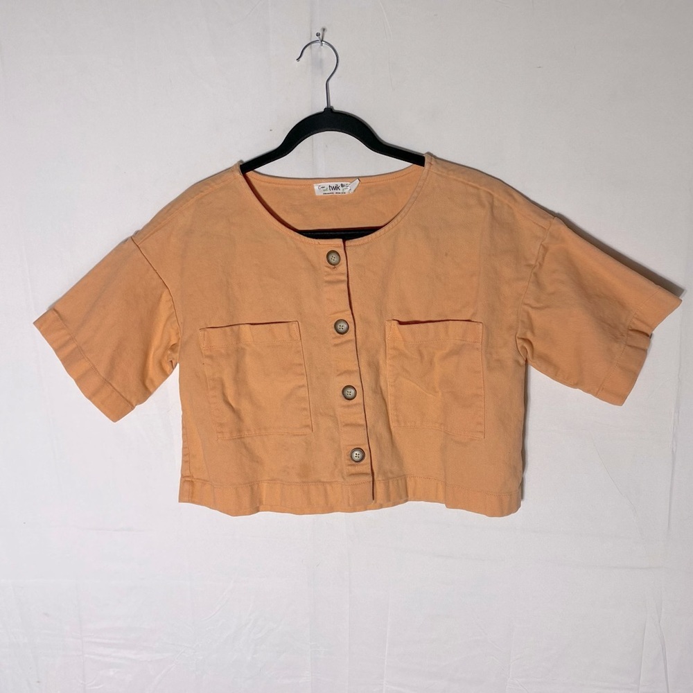 Twik Orange Peach Organic Cotton Cropped Button Front Short Sleeve Top L